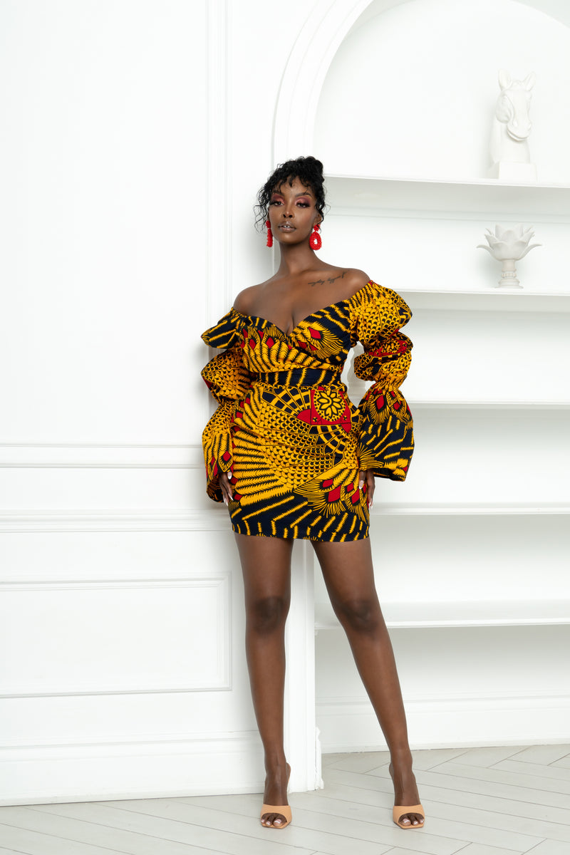 TAYO African Print Off shoulder Puffy Sleeve Mini Dress OFUURE