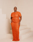 IZA ORANGE RUCHED MAXI MESH DRESS