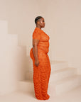 IZA ORANGE RUCHED MAXI MESH DRESS