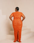 IZA ORANGE RUCHED MAXI MESH DRESS