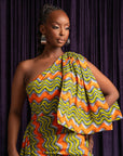 TANI African Print One Sleeve Drape Maxi Dress