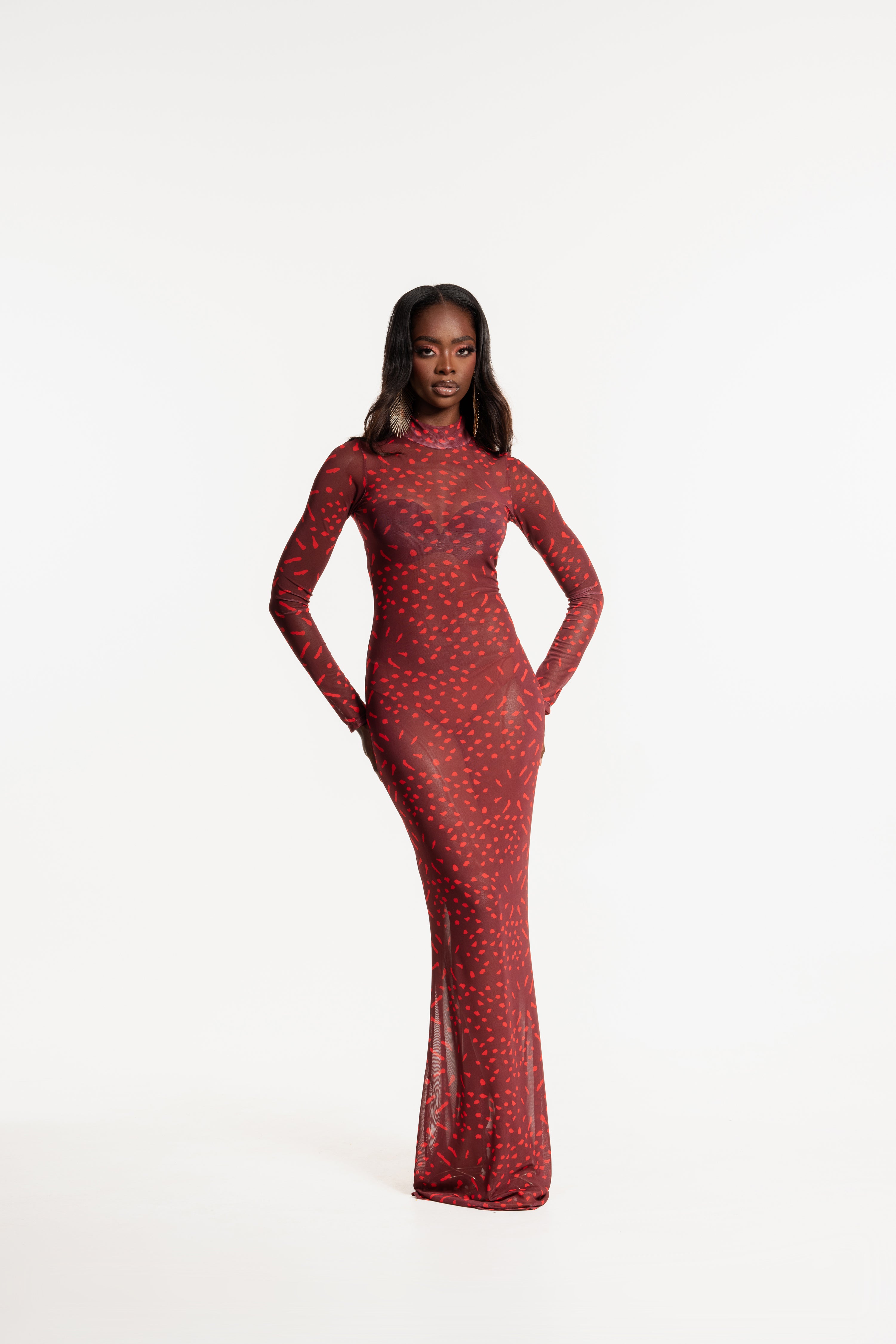 AMINAH RED LONG SLEEVE MAXI MESH DRESS