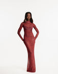 AMINAH RED LONG SLEEVE MAXI MESH DRESS