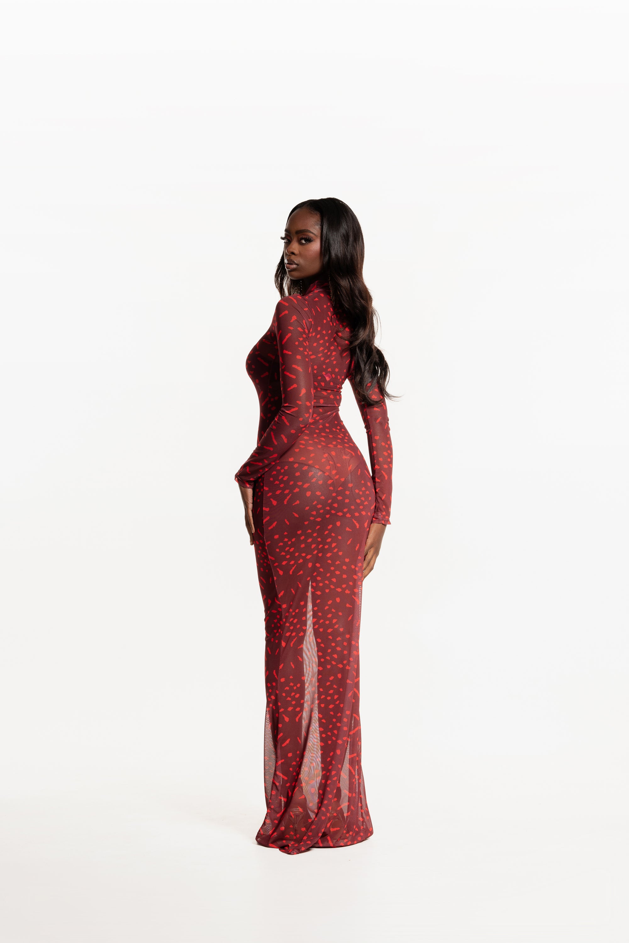 AMINAH RED LONG SLEEVE MAXI MESH DRESS