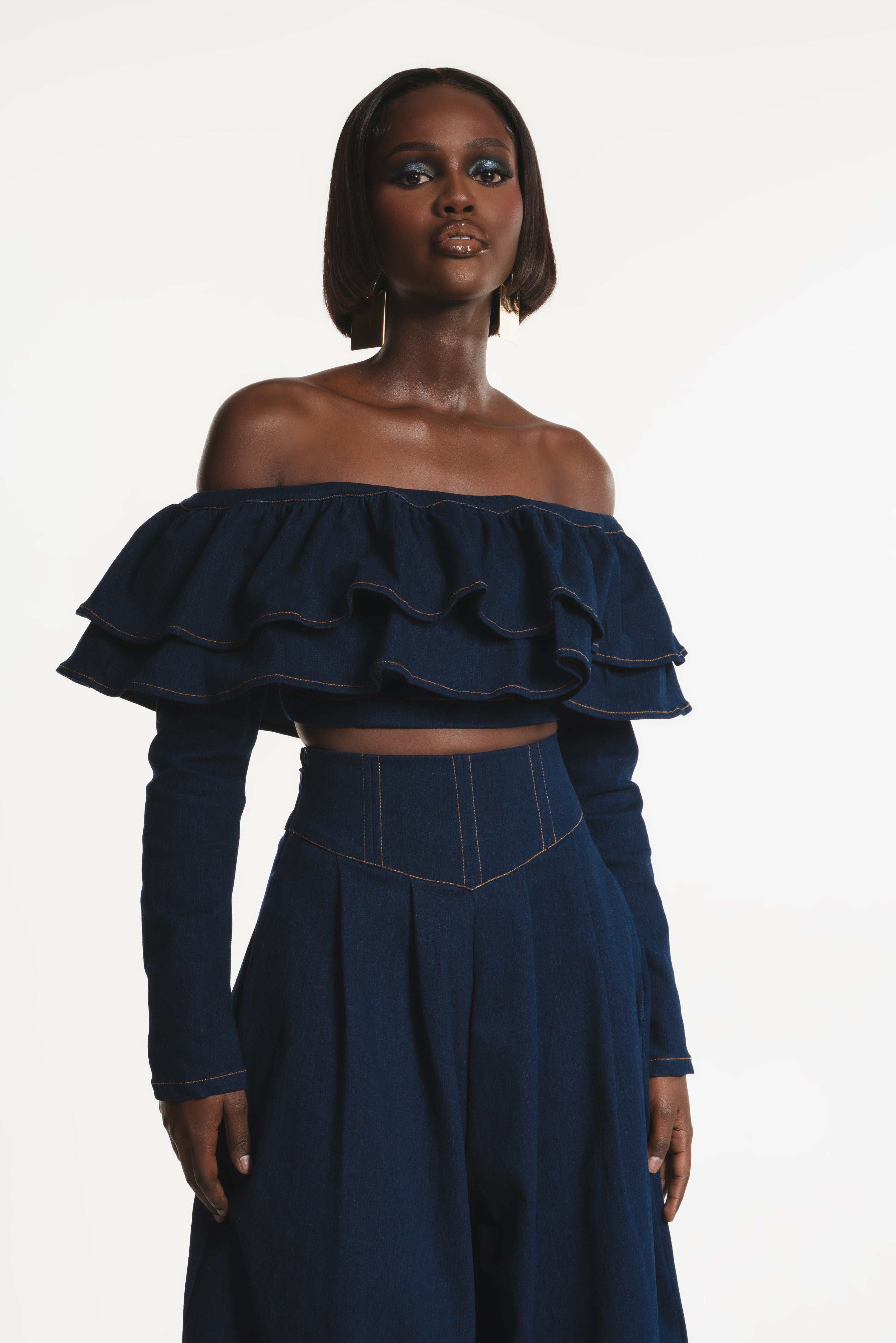 DIJA Denim Ruffle Crop Top