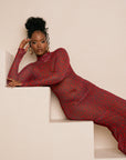 AMINAH RED LONG SLEEVE MAXI MESH DRESS