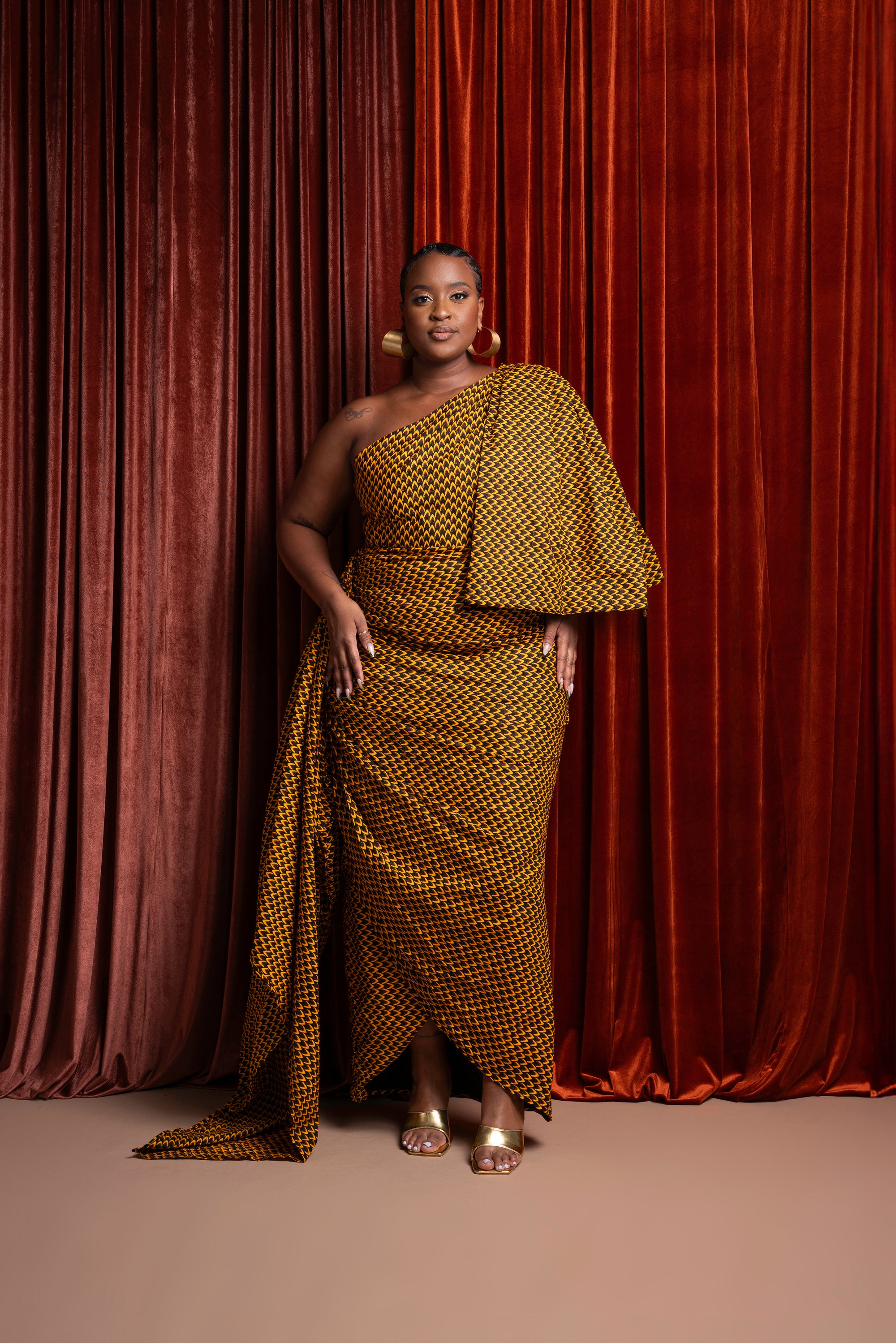 AGBANI African Print One Sleeve Drape Maxi Dress