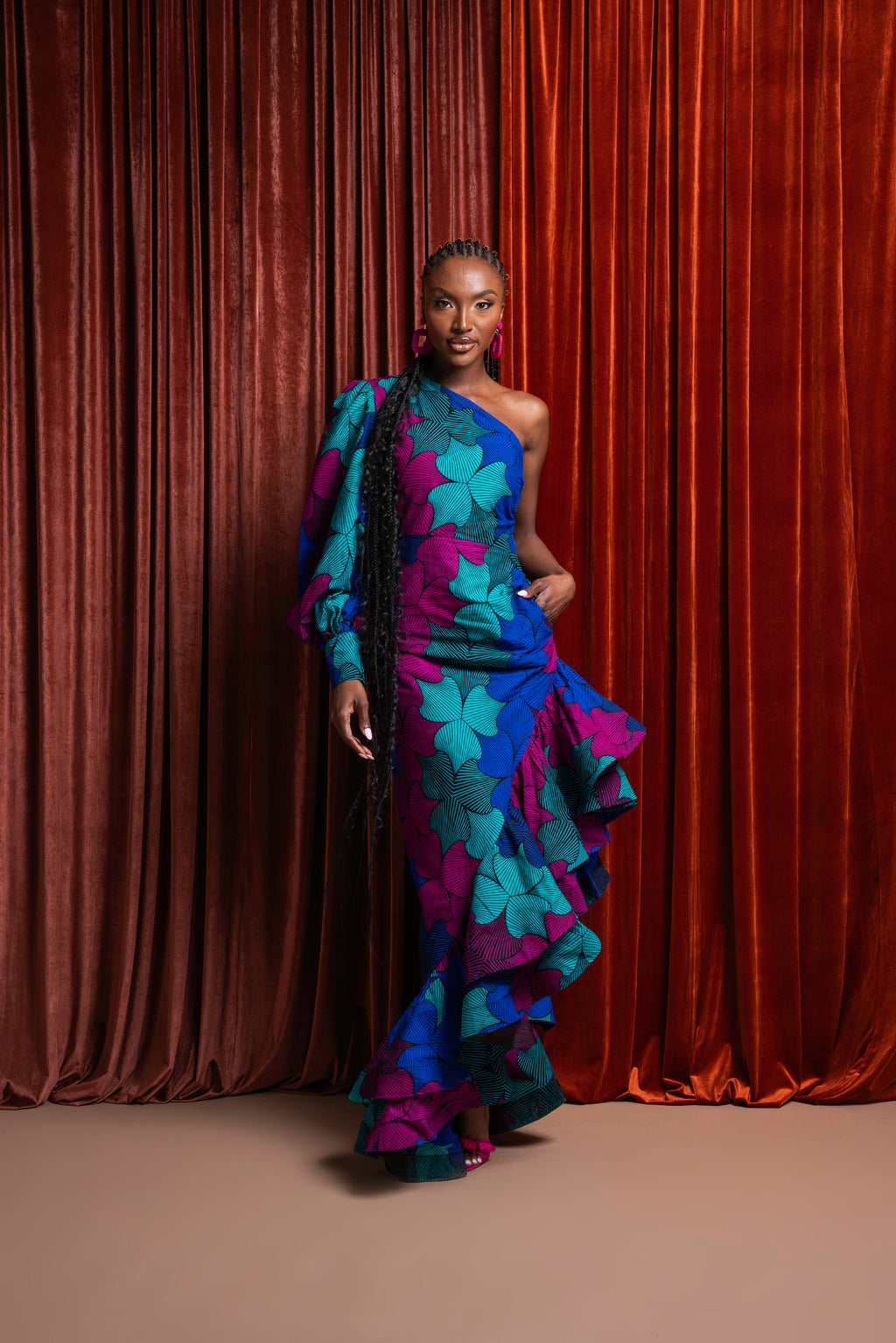 ZURI One-sleeve Ruffle African Print Hi-low Dress – OFUURE