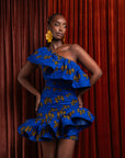 YOMI African Print One Sleeve Ruffle  Mini Dress