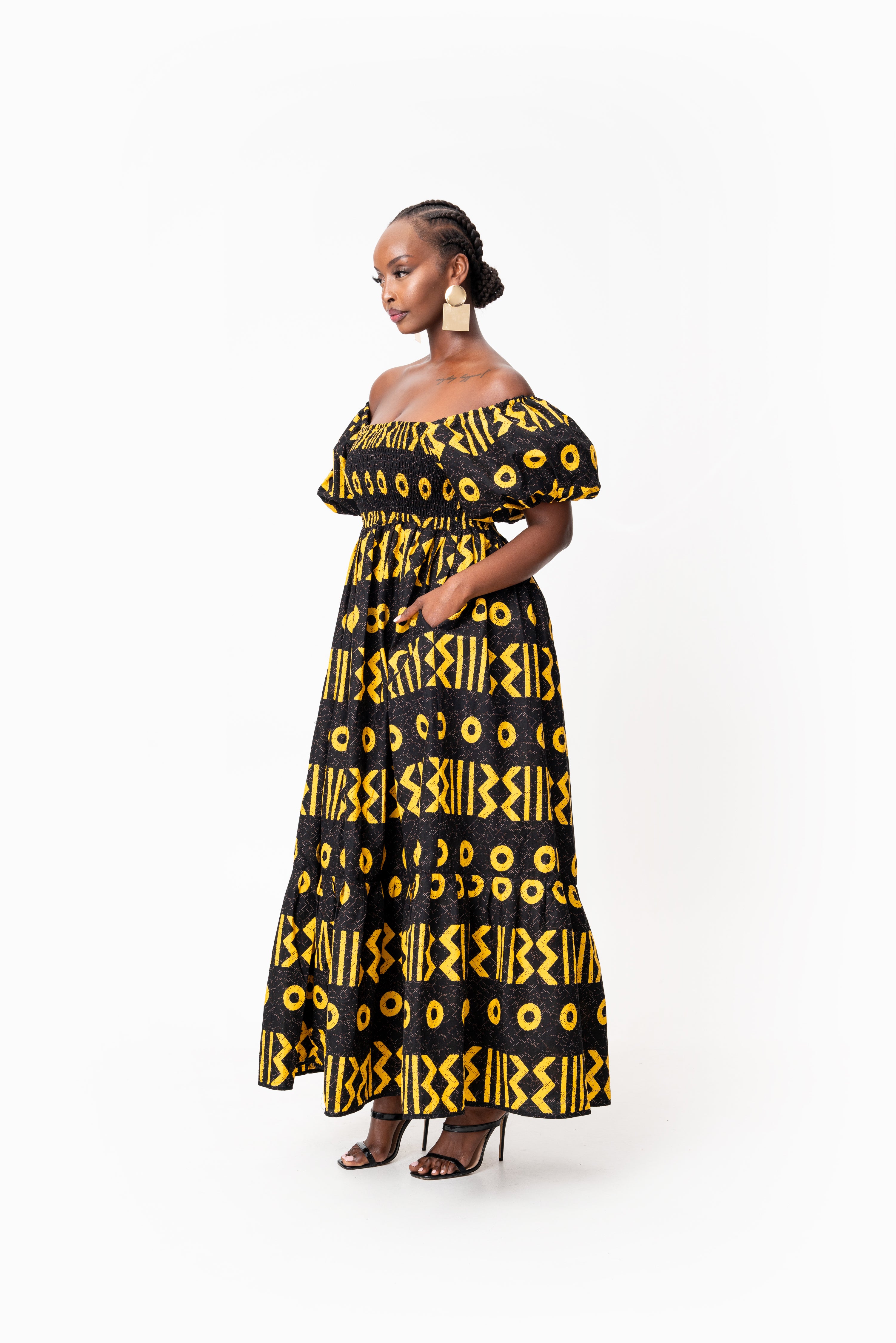 MAKENA Smocked Puffy Sleeve African print maxi dress