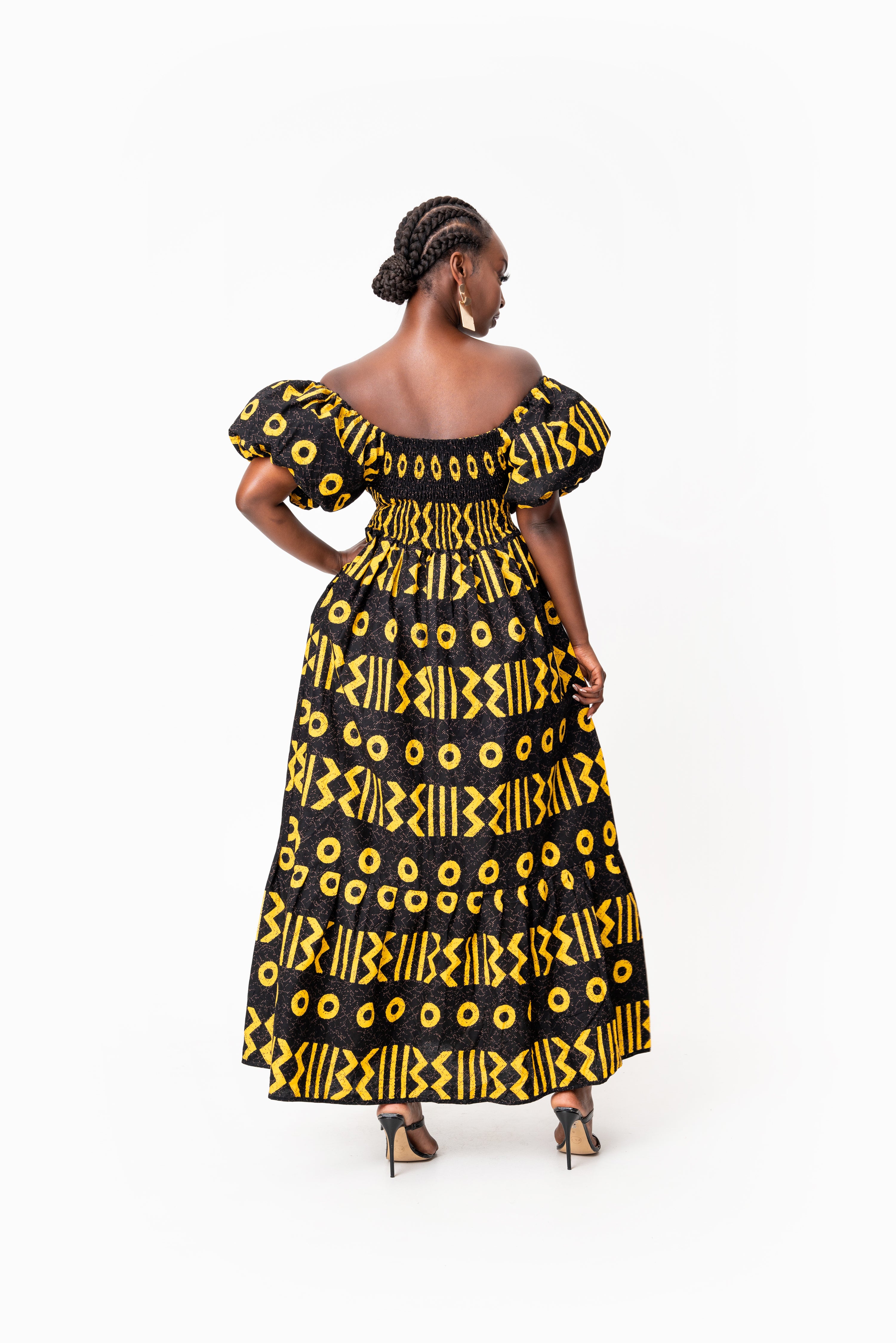 MAKENA Smocked Puffy Sleeve African print maxi dress