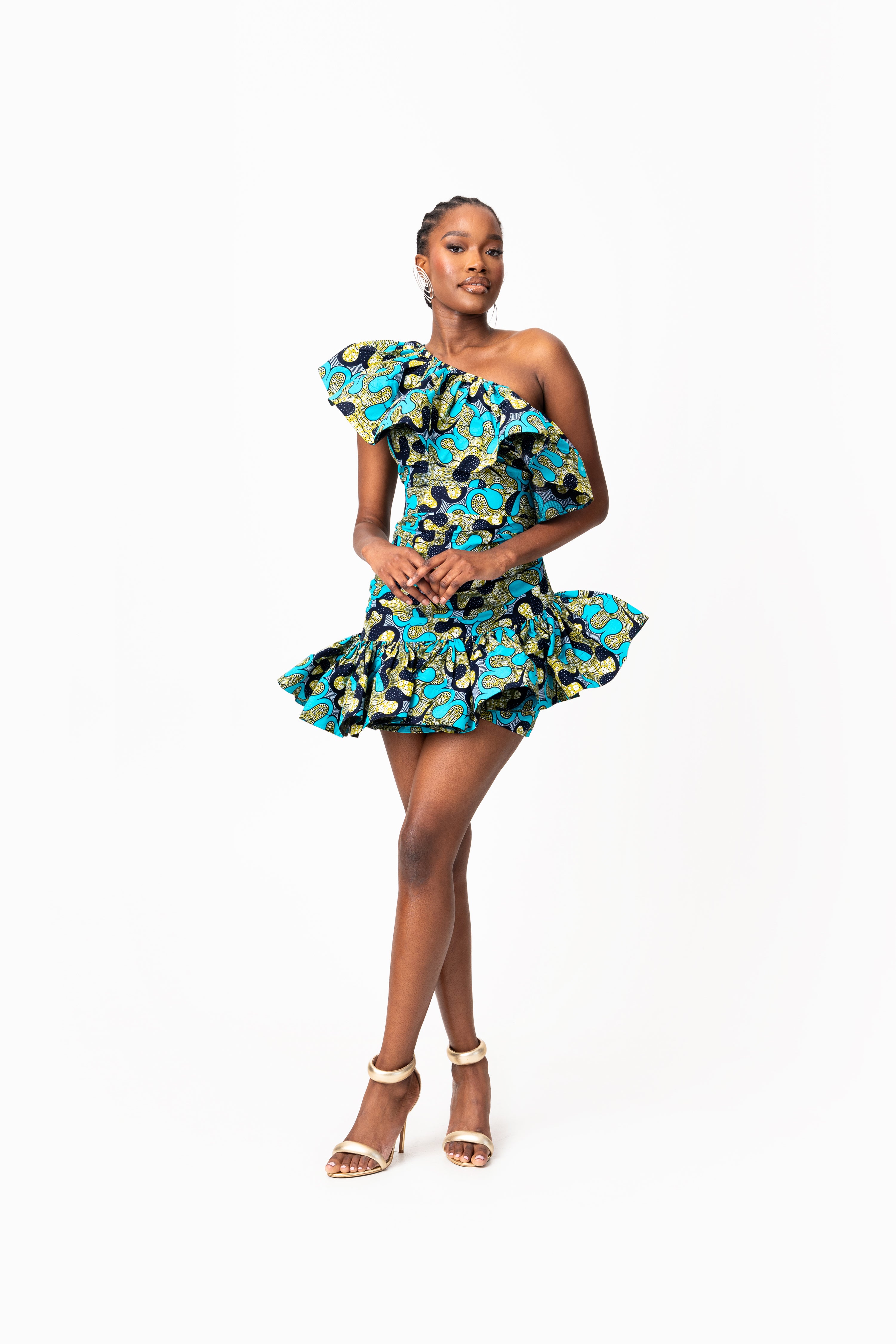 BADE African Print One Sleeve Ruffle  Mini Dress