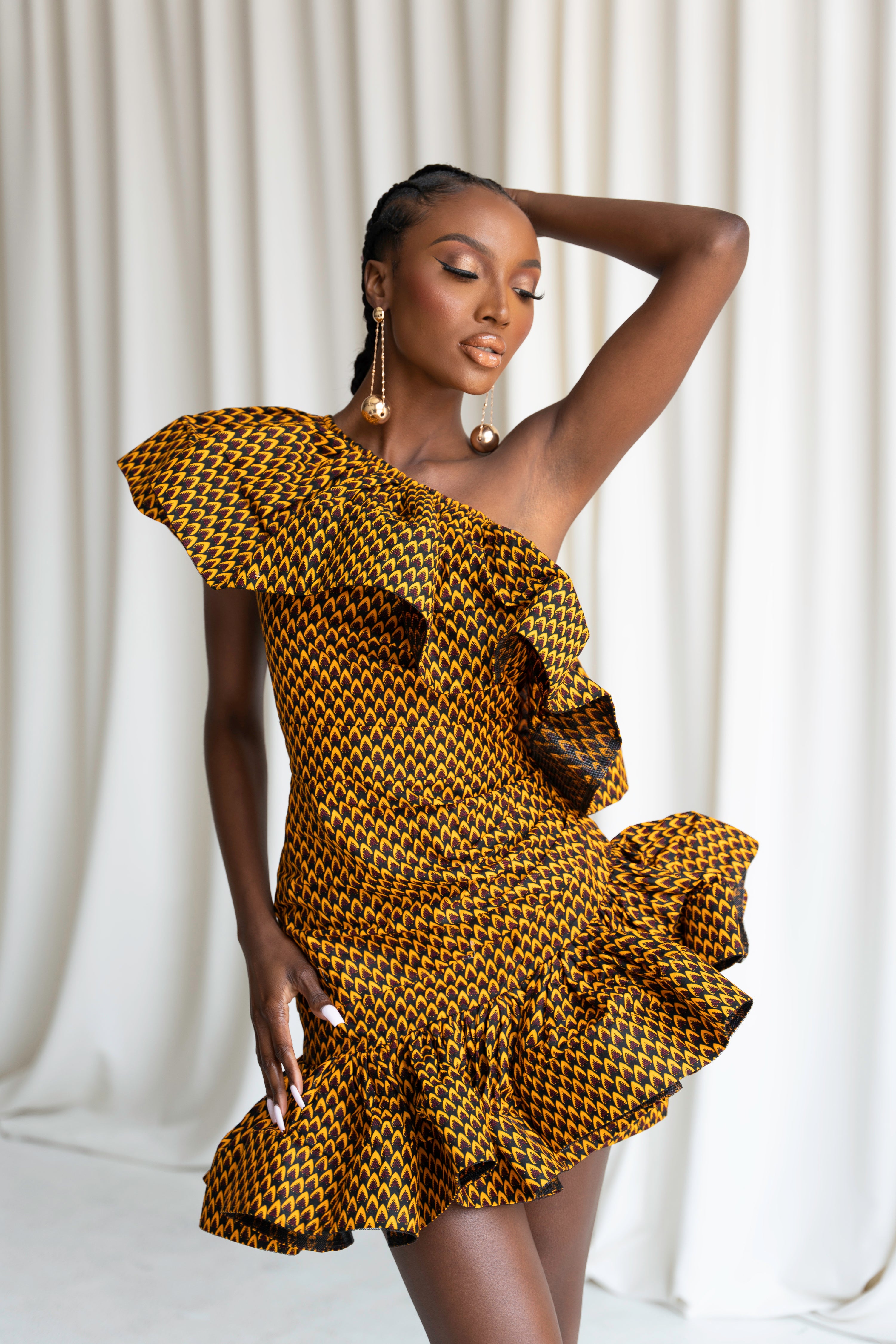 AGBANI African Print One Sleeve Ruffle Mini Dress OFUURE