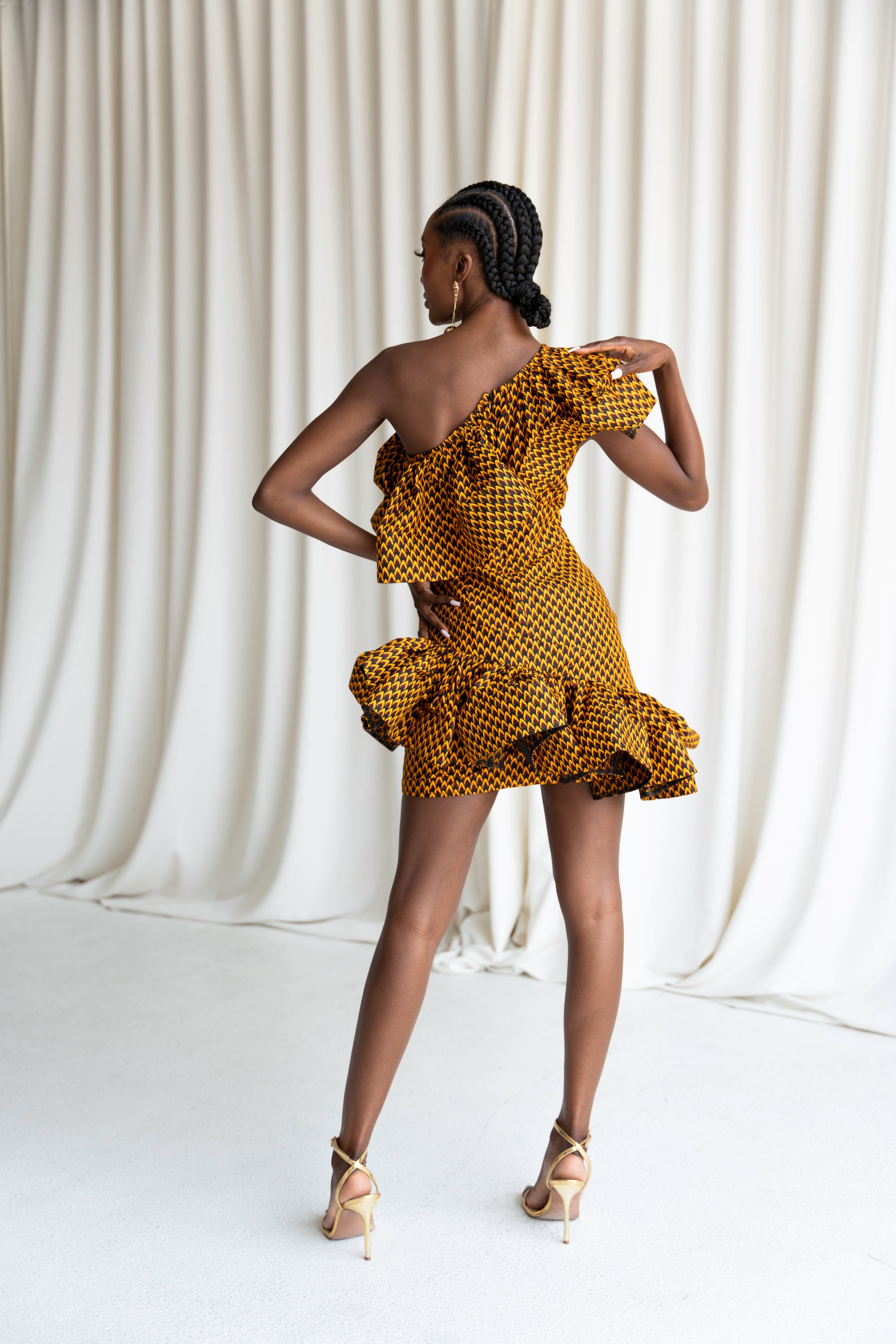 AGBANI African Print One Sleeve Ruffle  Mini Dress