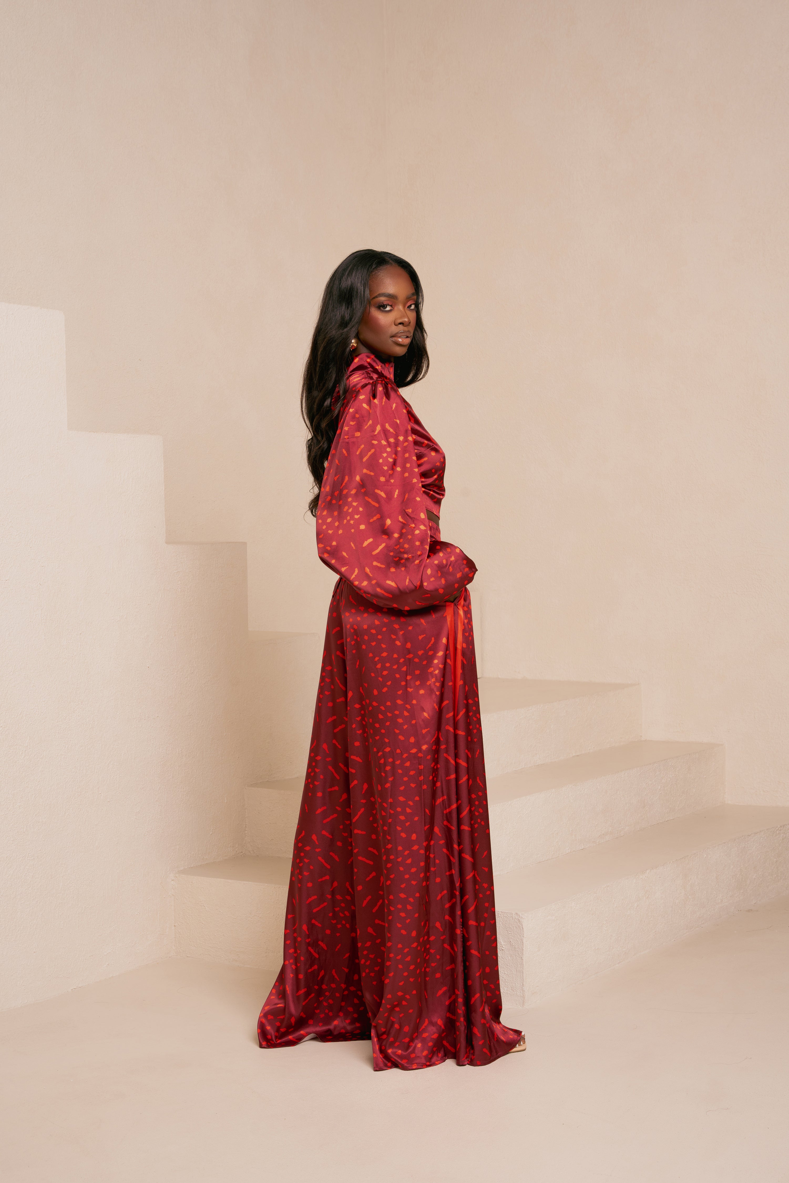 AMINAH RED WIDE LEG PANTS