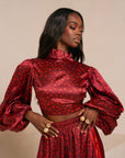 AMINAH RED LONG SLEEVE BACK TIE CROP TOP