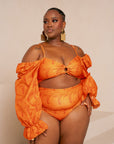 IZA ORANGE OFF SHOULDER PUFFY SLEEVE SWIMSUIT