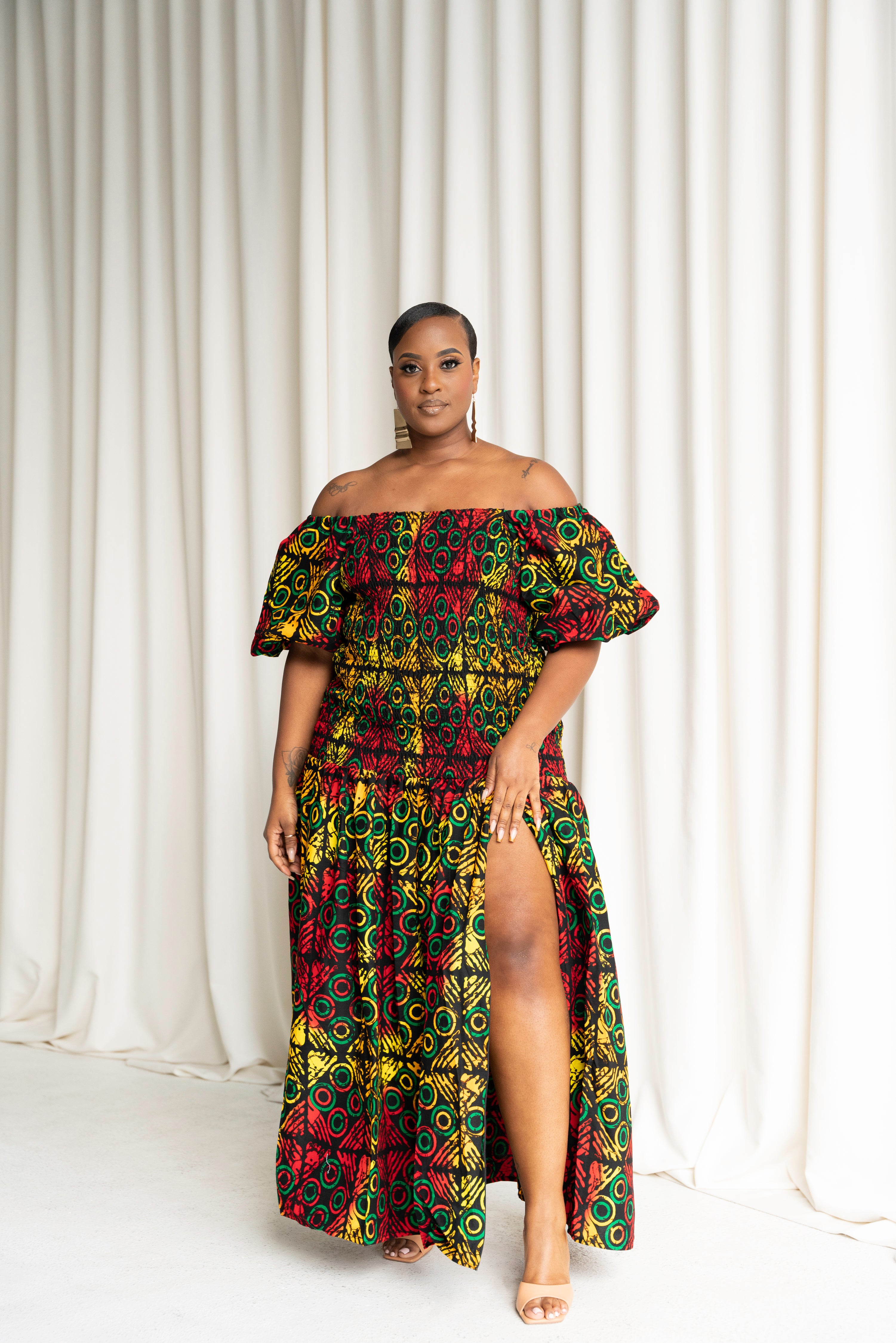 DEJI African print smocked body maxi dress OFUURE