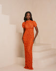 IZA ORANGE RUCHED MAXI MESH DRESS