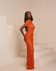 IZA ORANGE RUCHED MAXI MESH DRESS