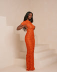 IZA ORANGE RUCHED MAXI MESH DRESS