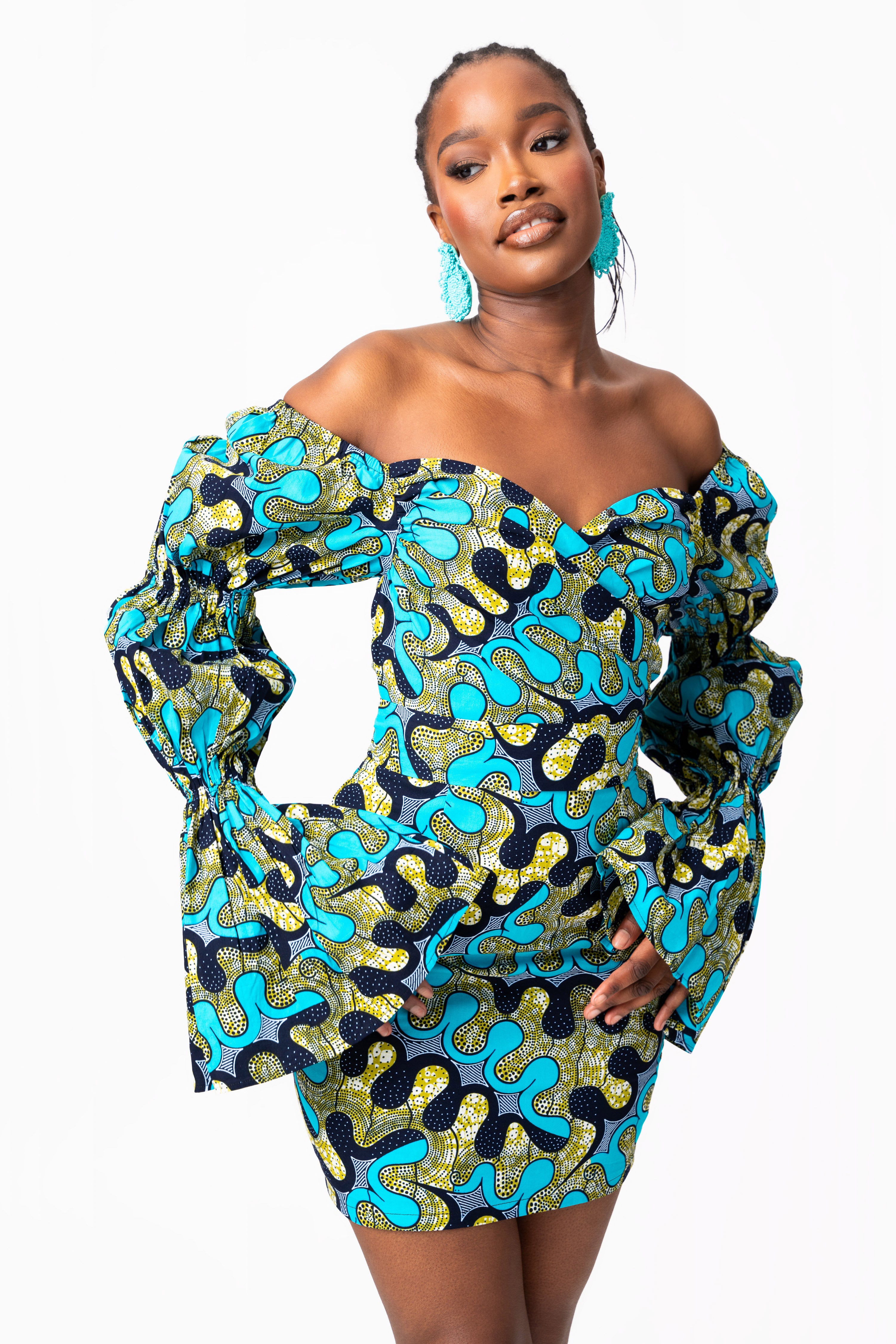 BADE African Print Off-shoulder Puffy Sleeve Mini Dress