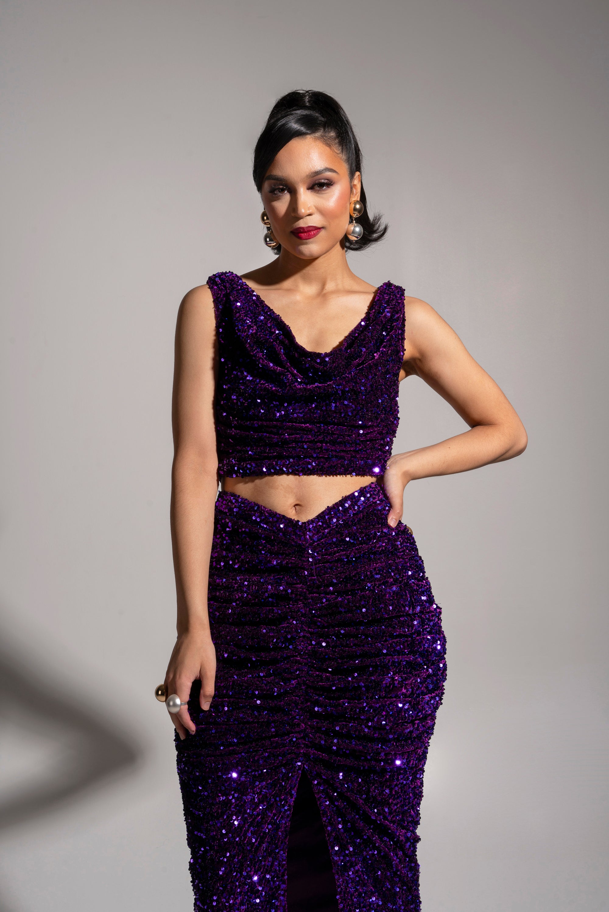 JESS Sequin Cowl Crop Top in AMETHYST