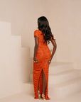 IZA ORANGE RUCHED MAXI MESH DRESS