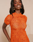 IZA ORANGE RUCHED MAXI MESH DRESS