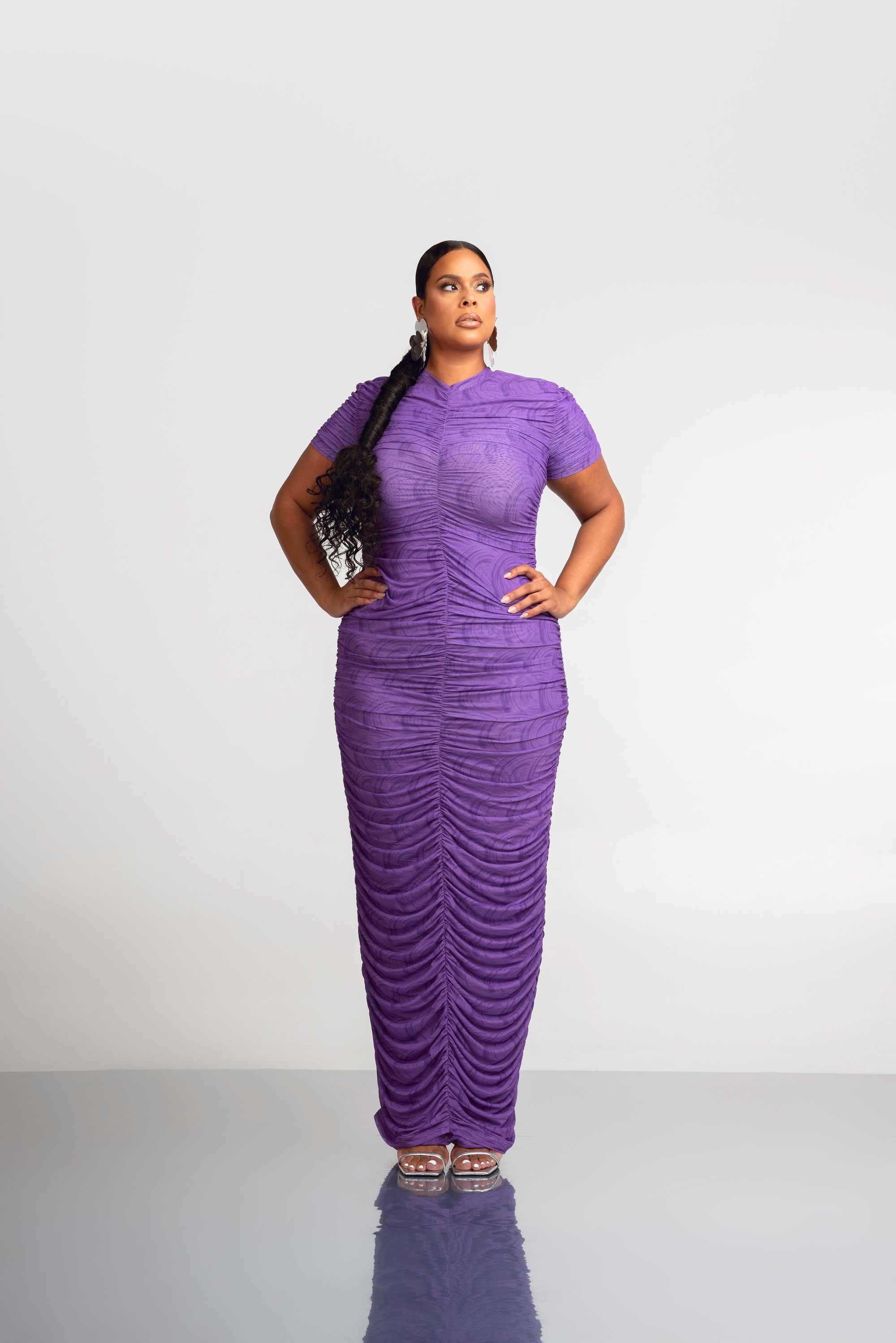 IZA PURPLE RUCHED MAXI MESH DRESS