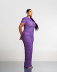 IZA PURPLE RUCHED MAXI MESH DRESS