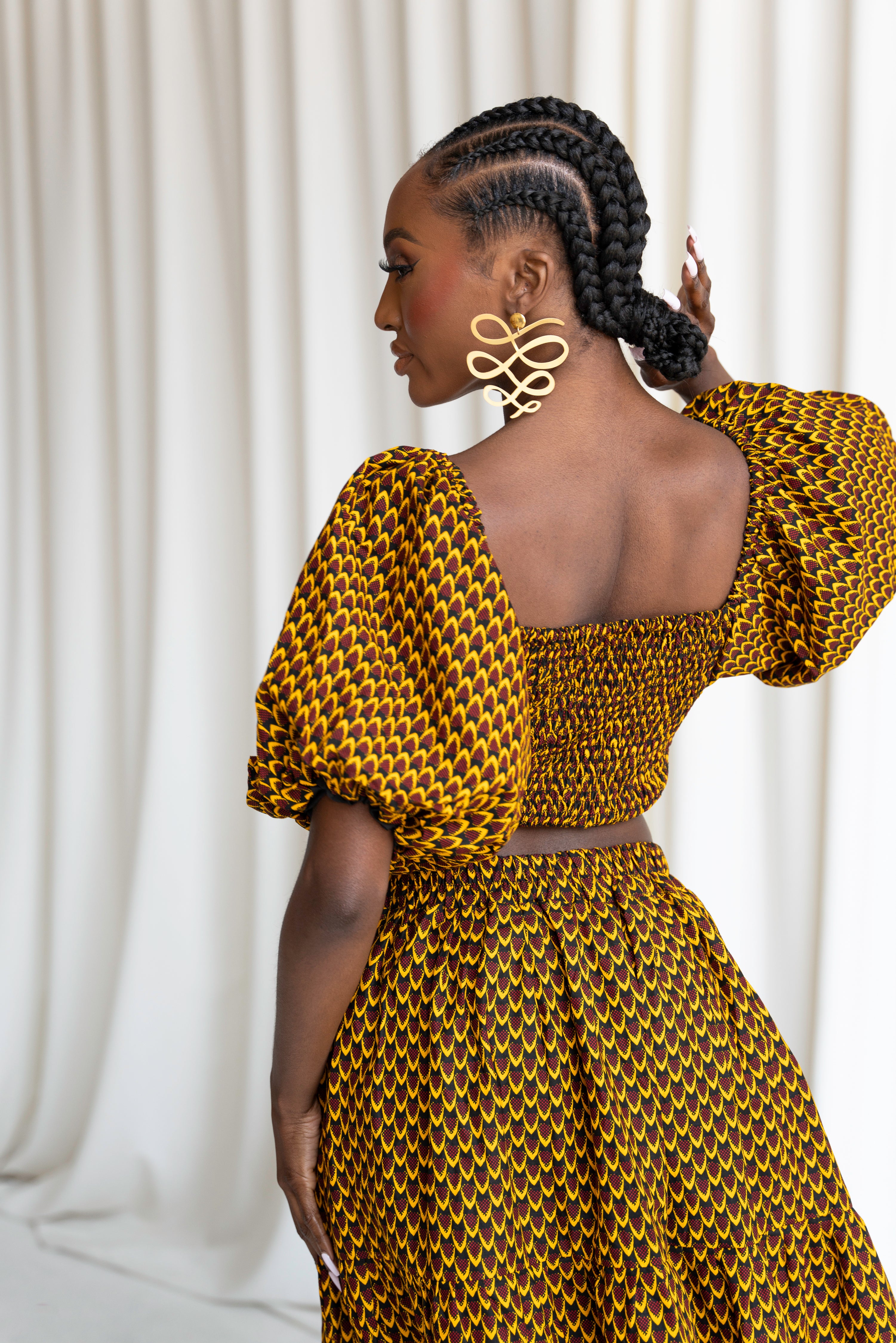 AGBANI Smocked Puffy Sleeve African Print Crop Top