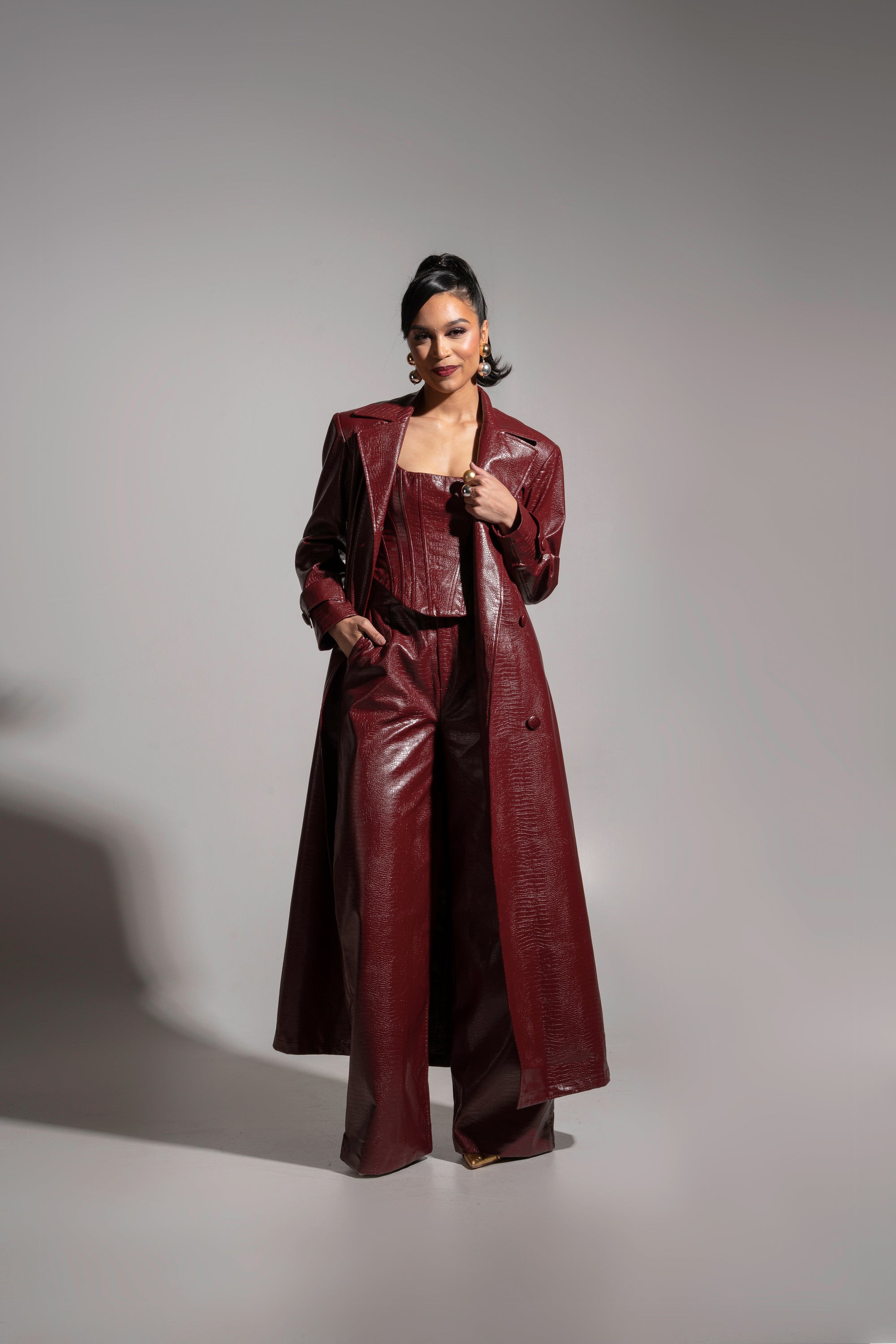 ONO Faux Leather Trench jacket in Burgundy