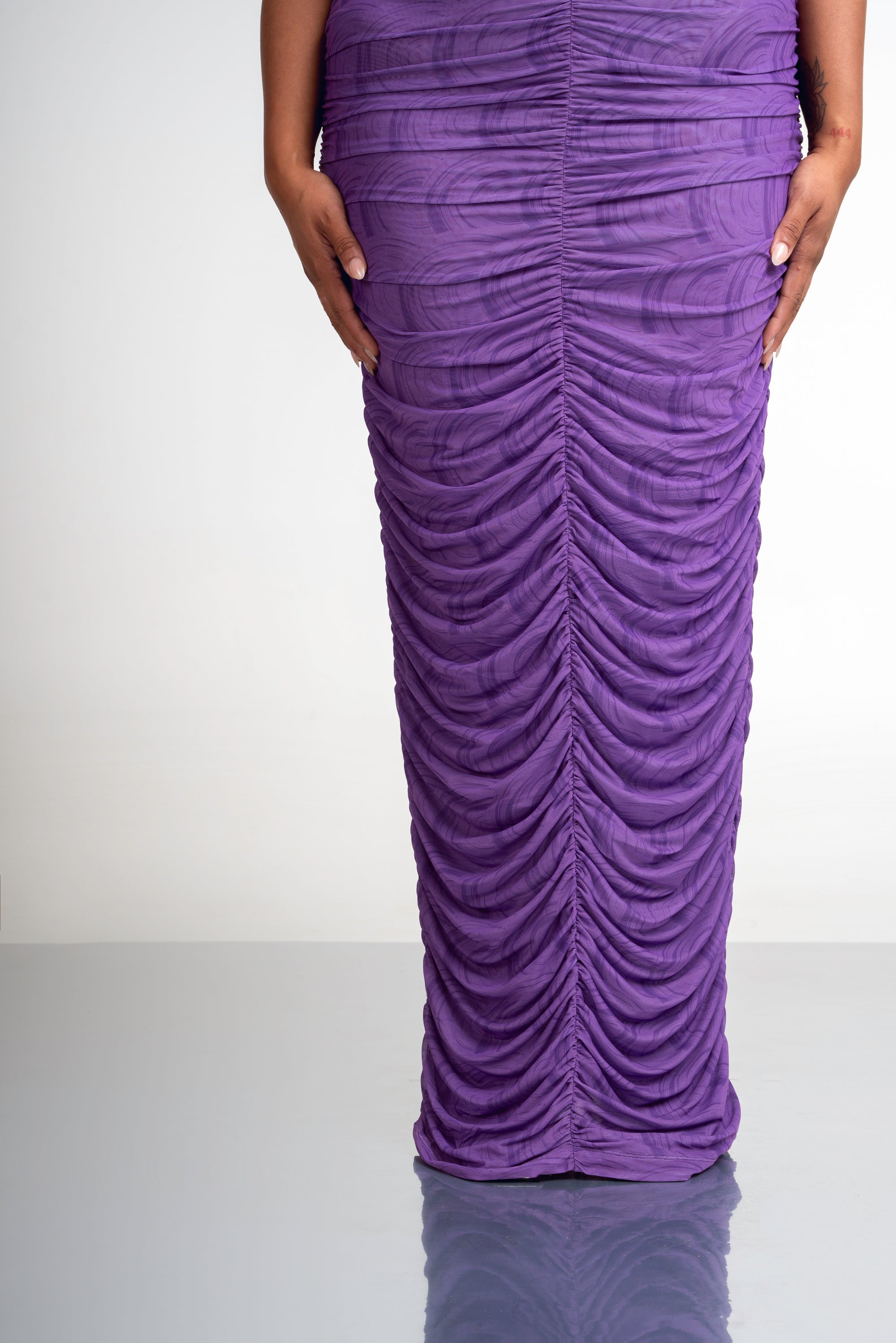 IZA PURPLE RUCHED MAXI MESH DRESS