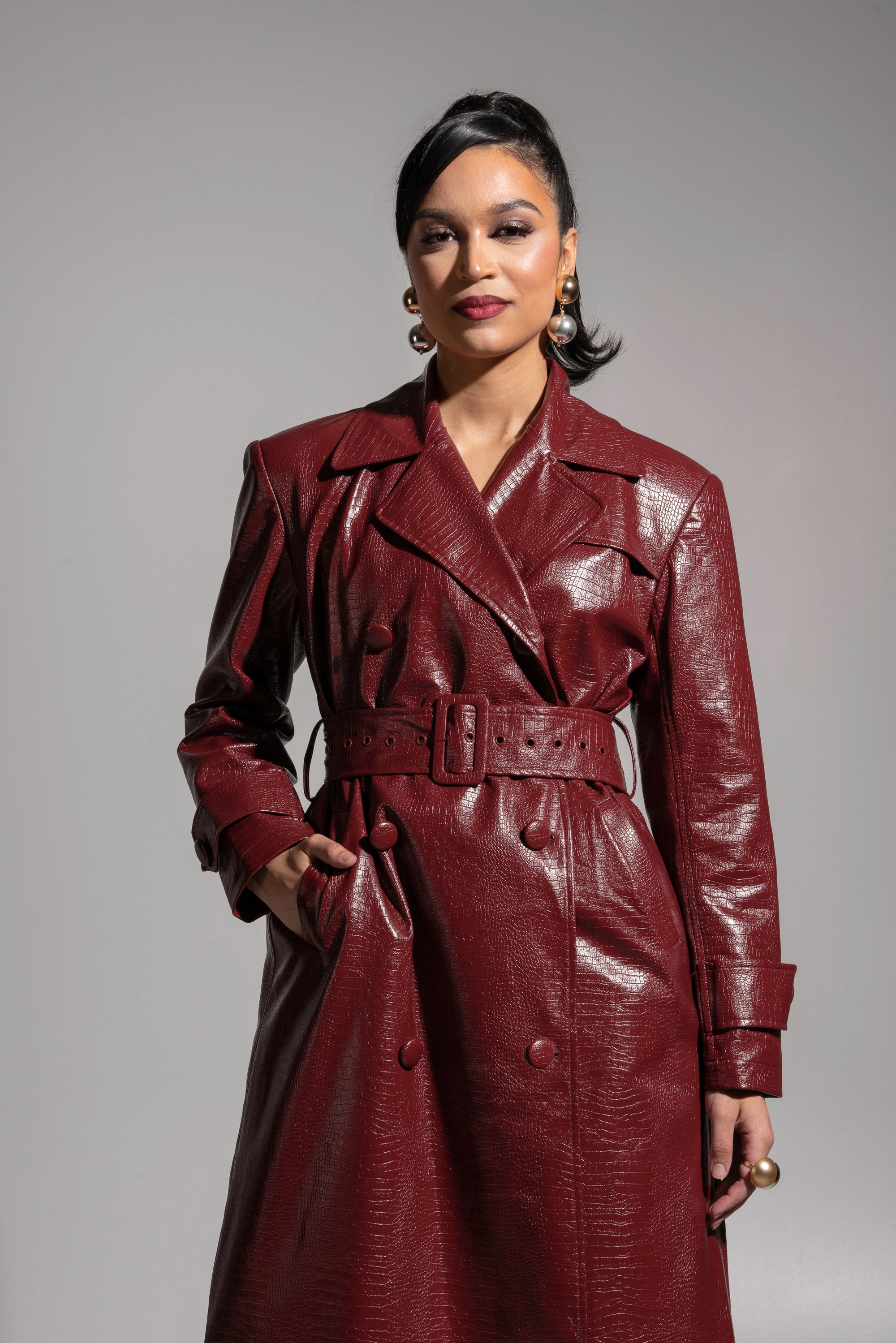 ONO Faux Leather Trench jacket in Burgundy