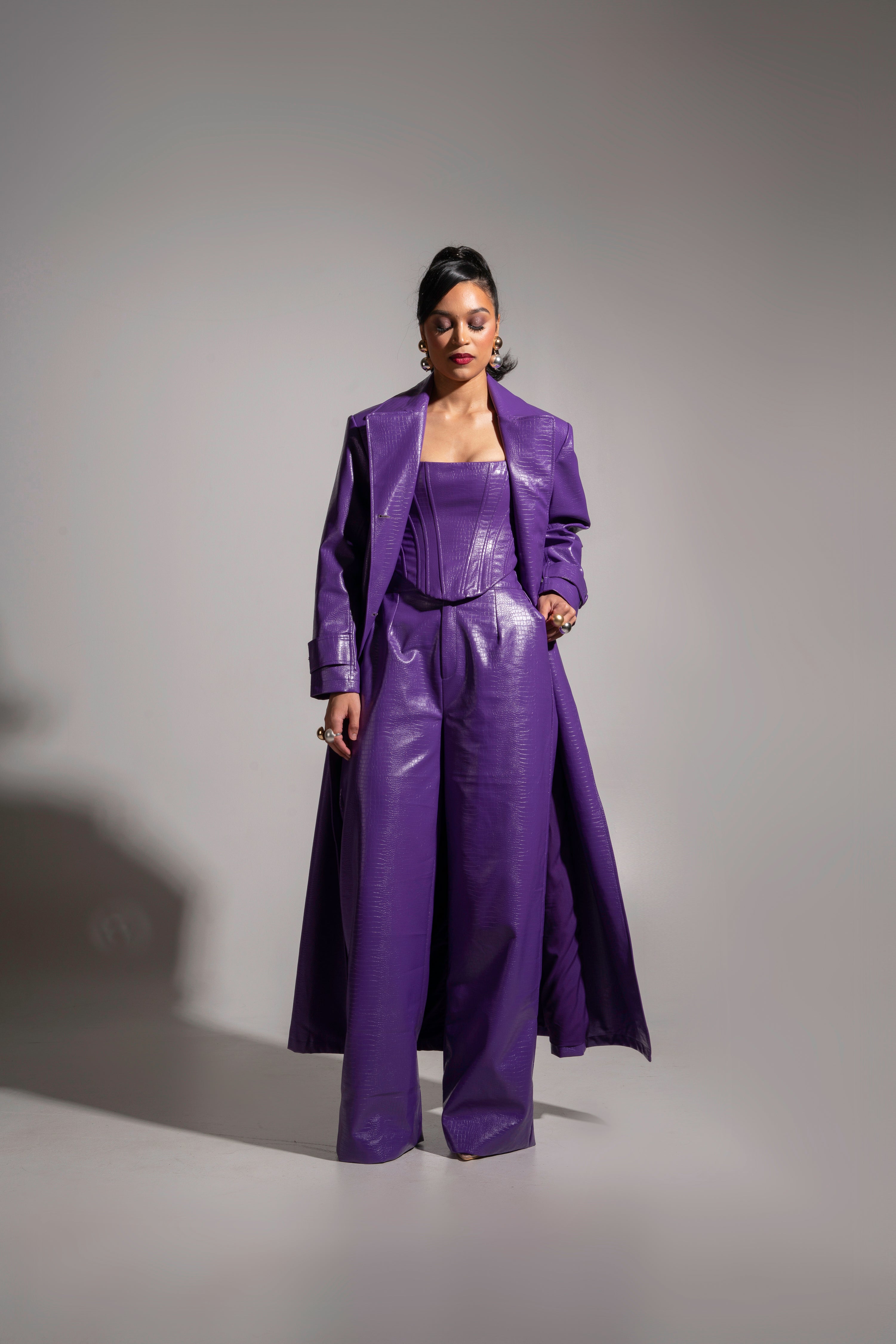 Purple faux leather pants best sale