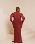 AMINAH RED LONG SLEEVE MAXI MESH DRESS