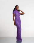 IZA PURPLE RUCHED MAXI MESH DRESS