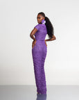 IZA PURPLE RUCHED MAXI MESH DRESS