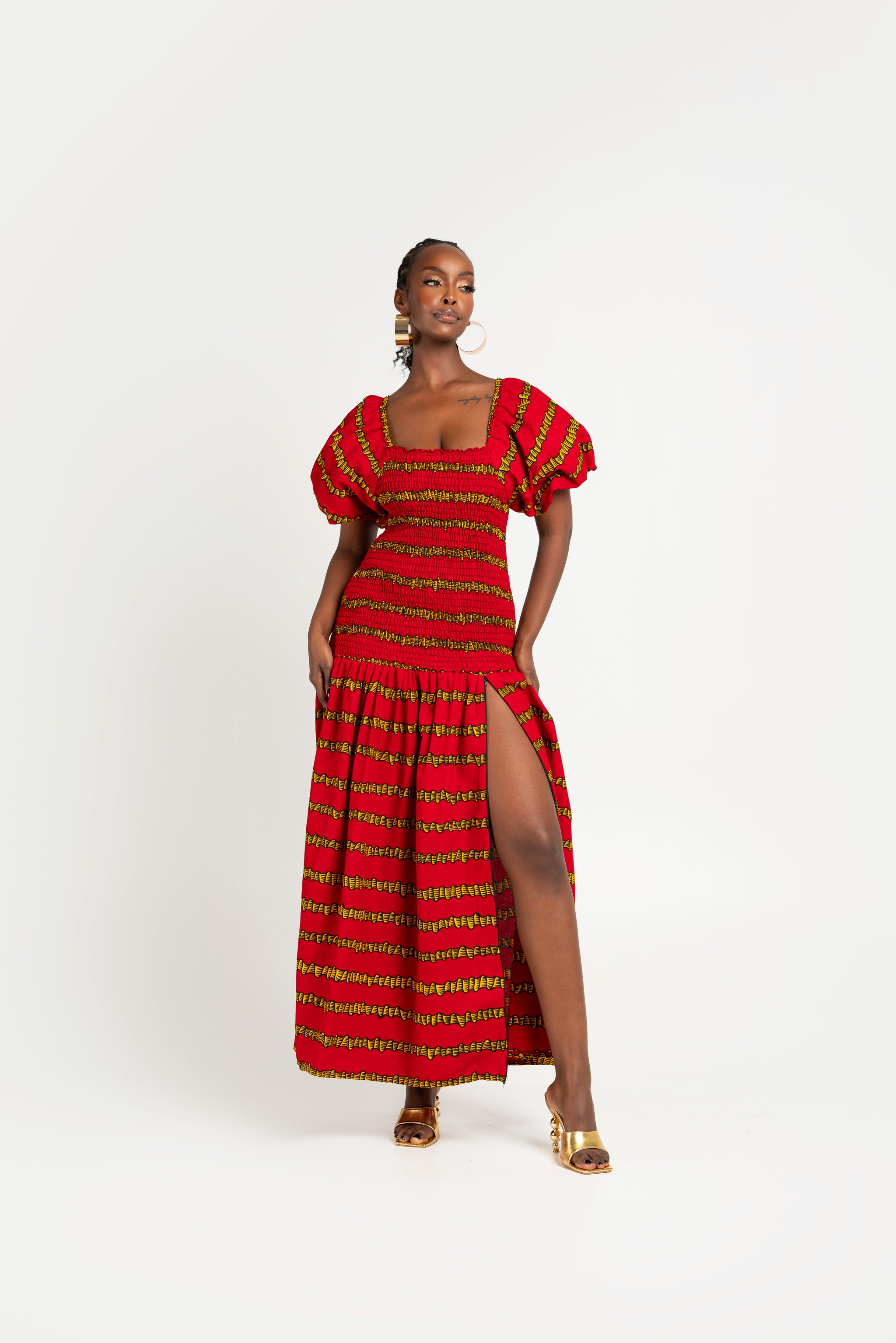 RUWE African print smocked body maxi dress