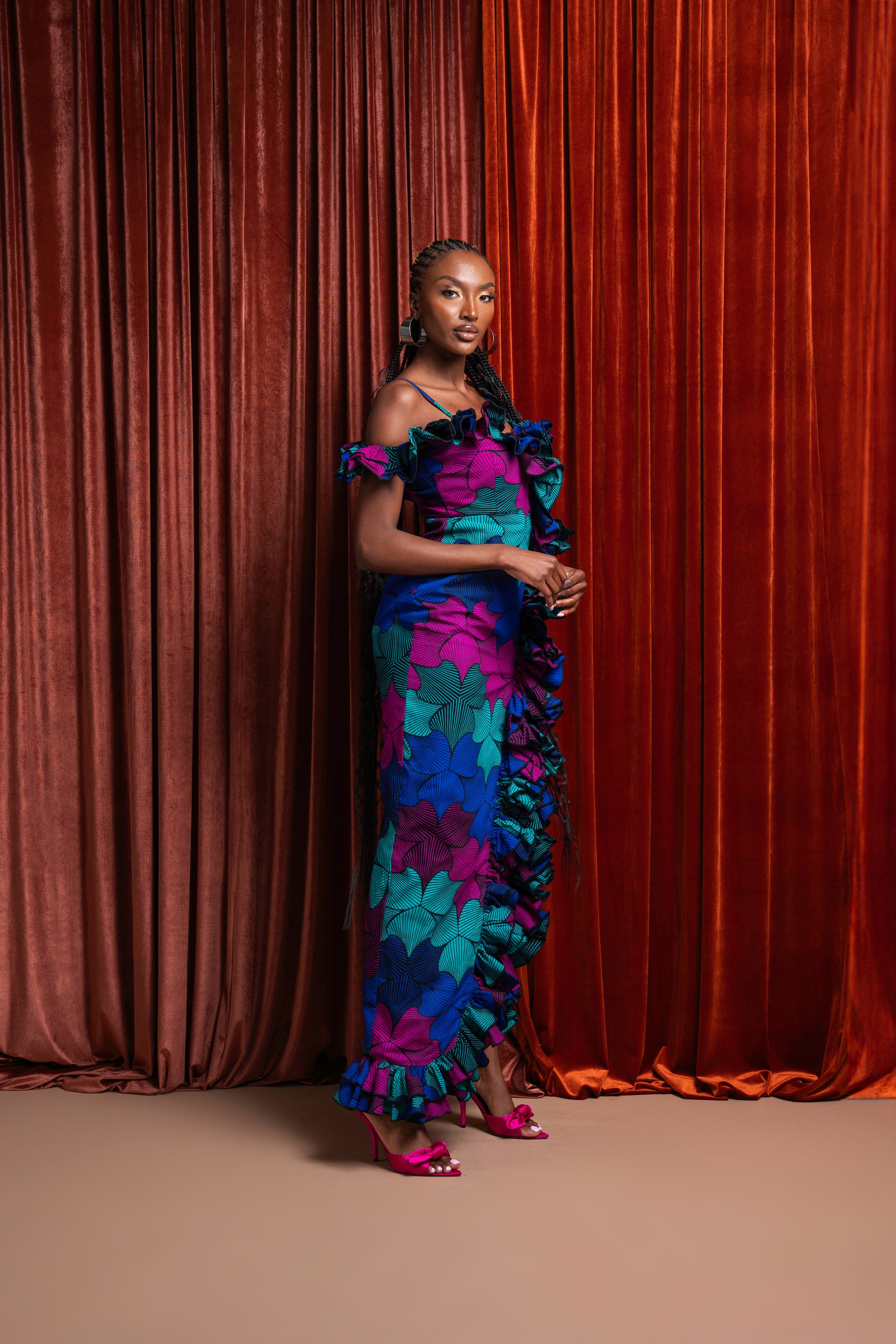 ZURI Off shoulder Ruffle African Print Maxi Dress