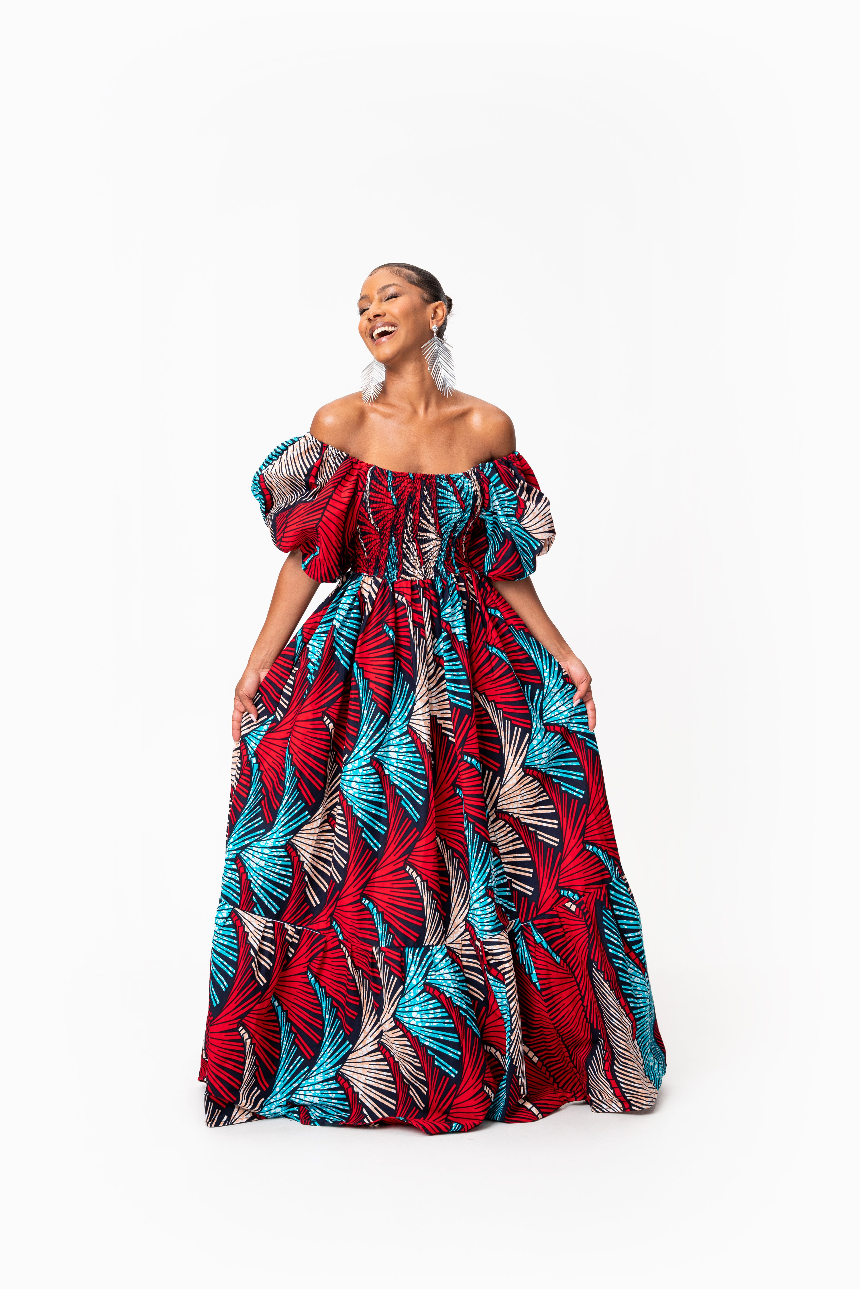 ONA Smocked Puffy Sleeve African print maxi dress