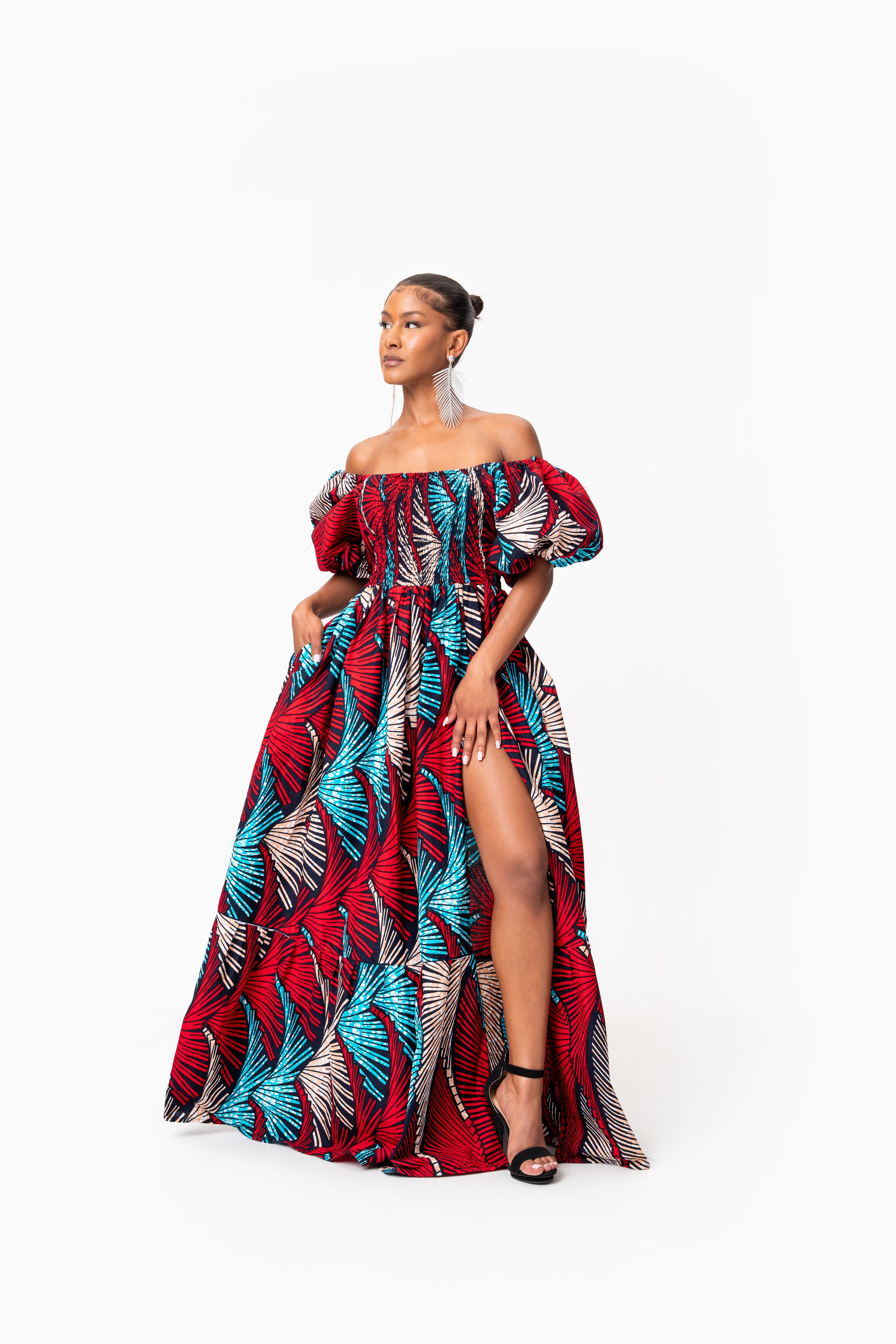 ONA Smocked Puffy Sleeve African print maxi dress