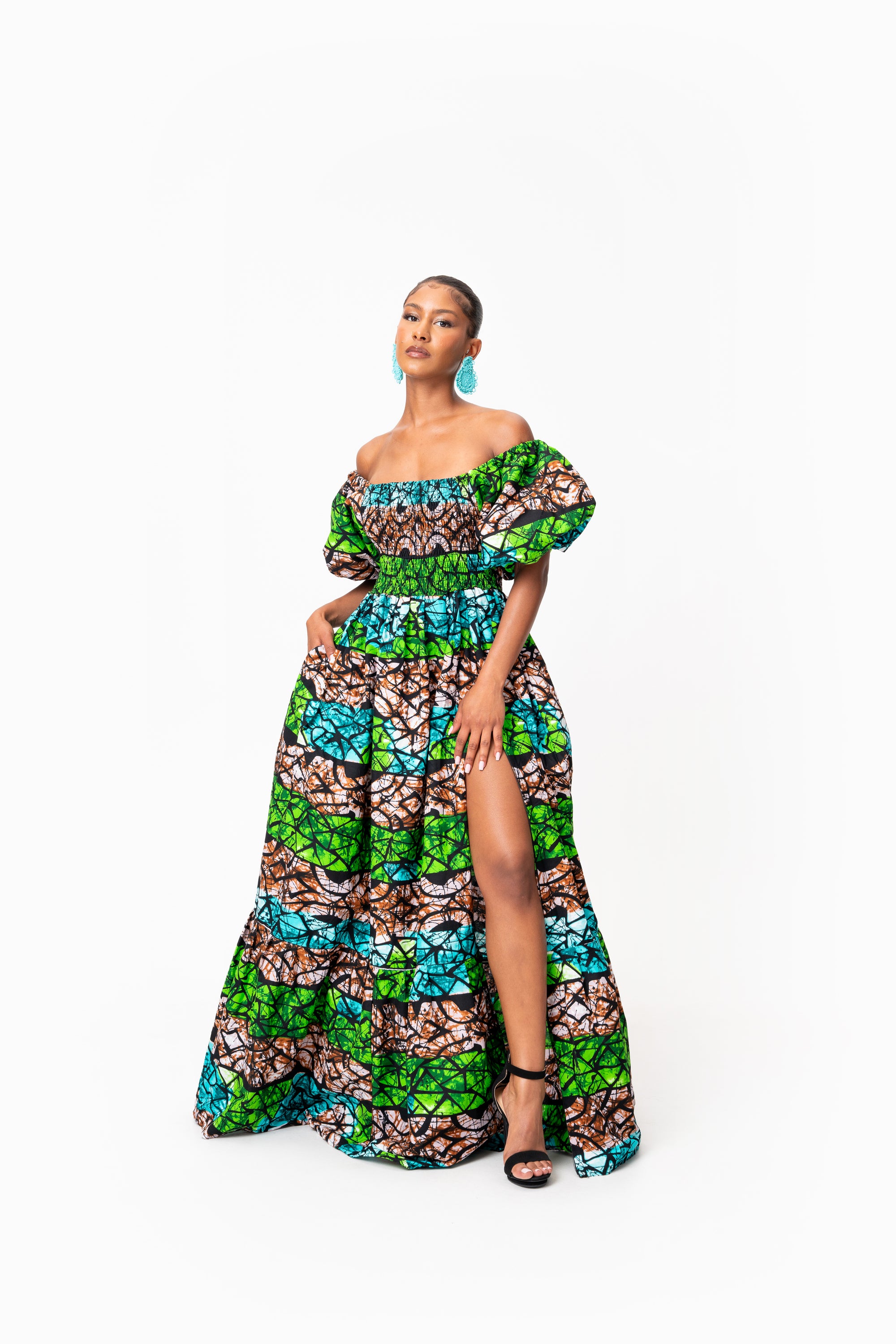 ADA Smocked Puffy Sleeve African print maxi dress