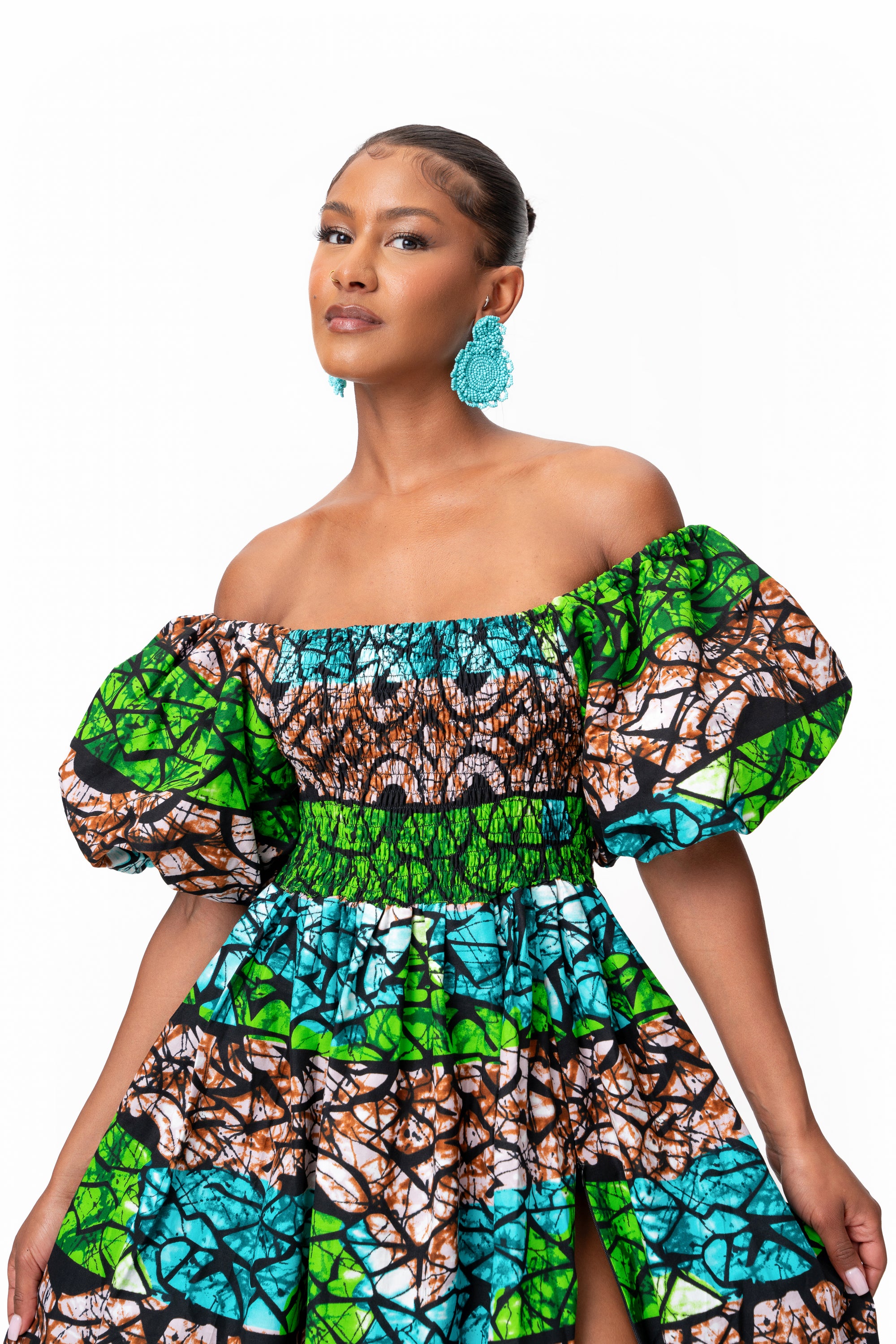 ADA Smocked Puffy Sleeve African print maxi dress