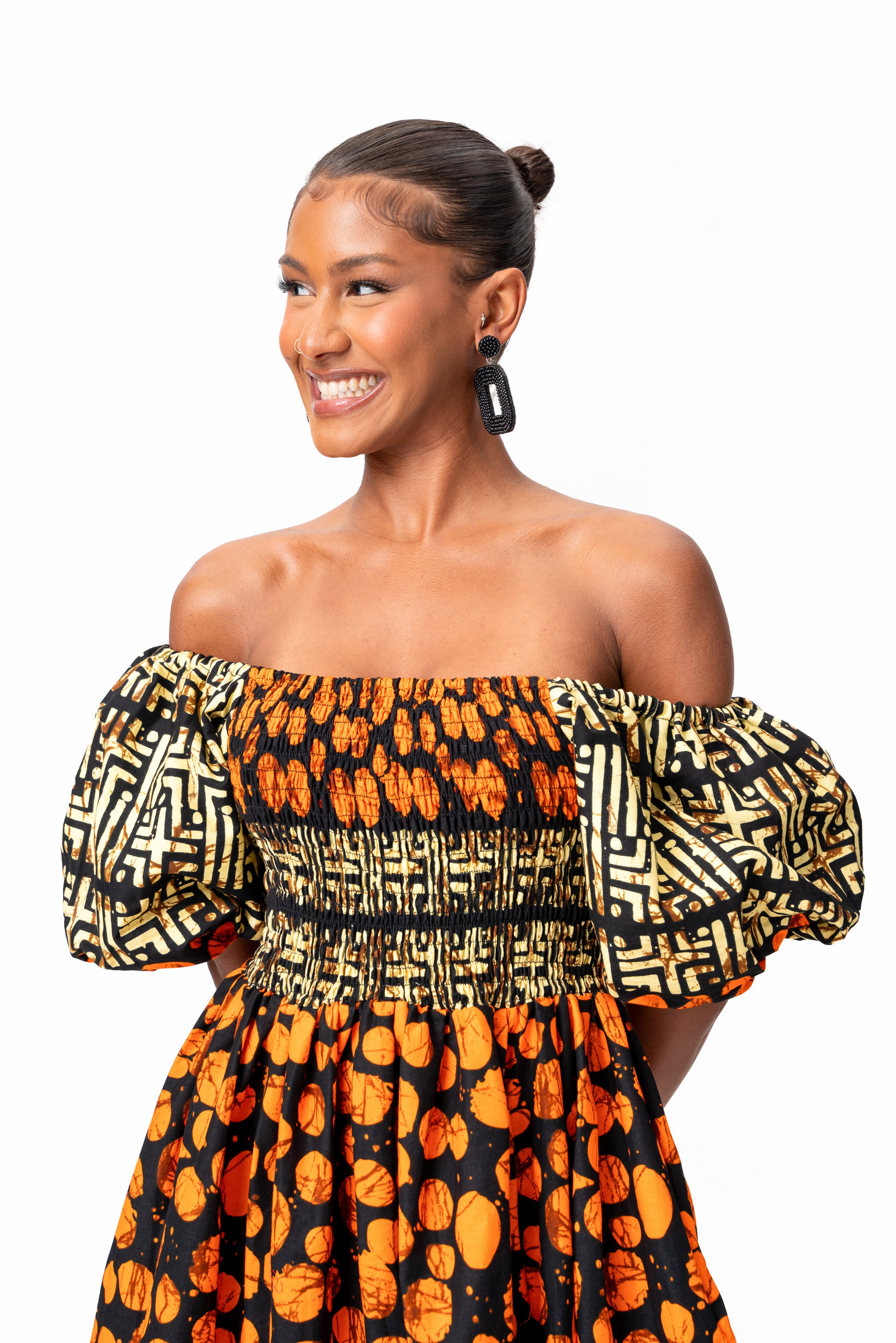 HANI Smocked Puffy Sleeve African print maxi dress