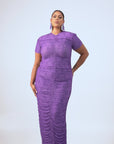 IZA PURPLE RUCHED MAXI MESH DRESS