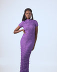 IZA PURPLE RUCHED MAXI MESH DRESS