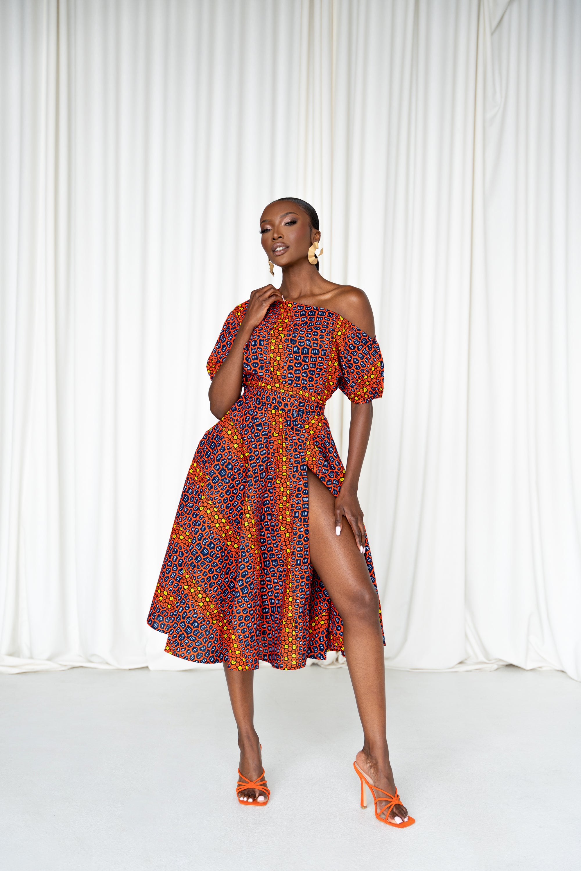 JEMIMA African Print One-shoulder Midi Dress