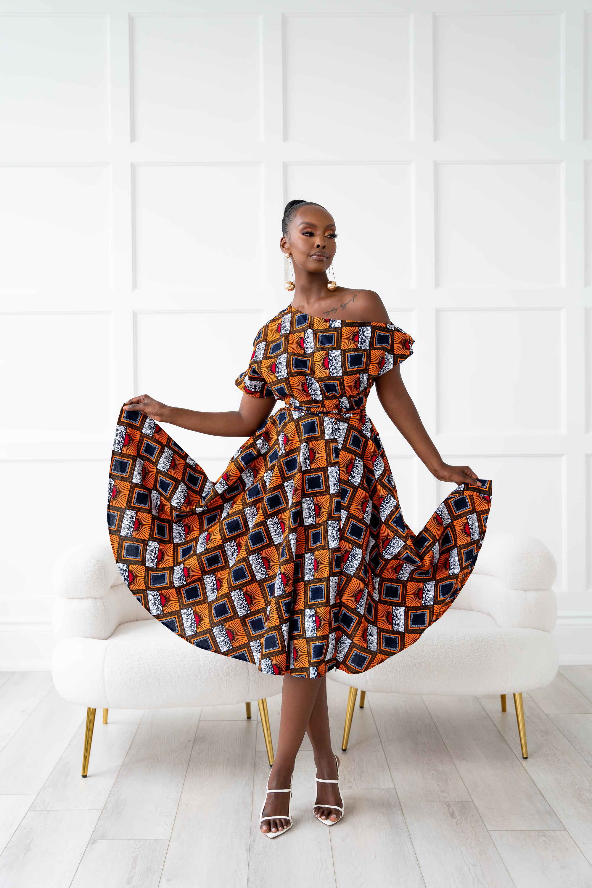 RIRE African Print One-shoulder Midi Dress